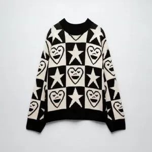 ZARA SMILING HEART AND STARS JACQUARD KNIT SWEATER M